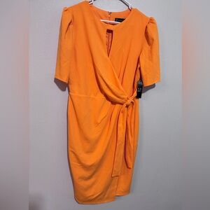 NWT New York & Company Orange Wrap Dress Round Neck Tie Zip Knee Length L